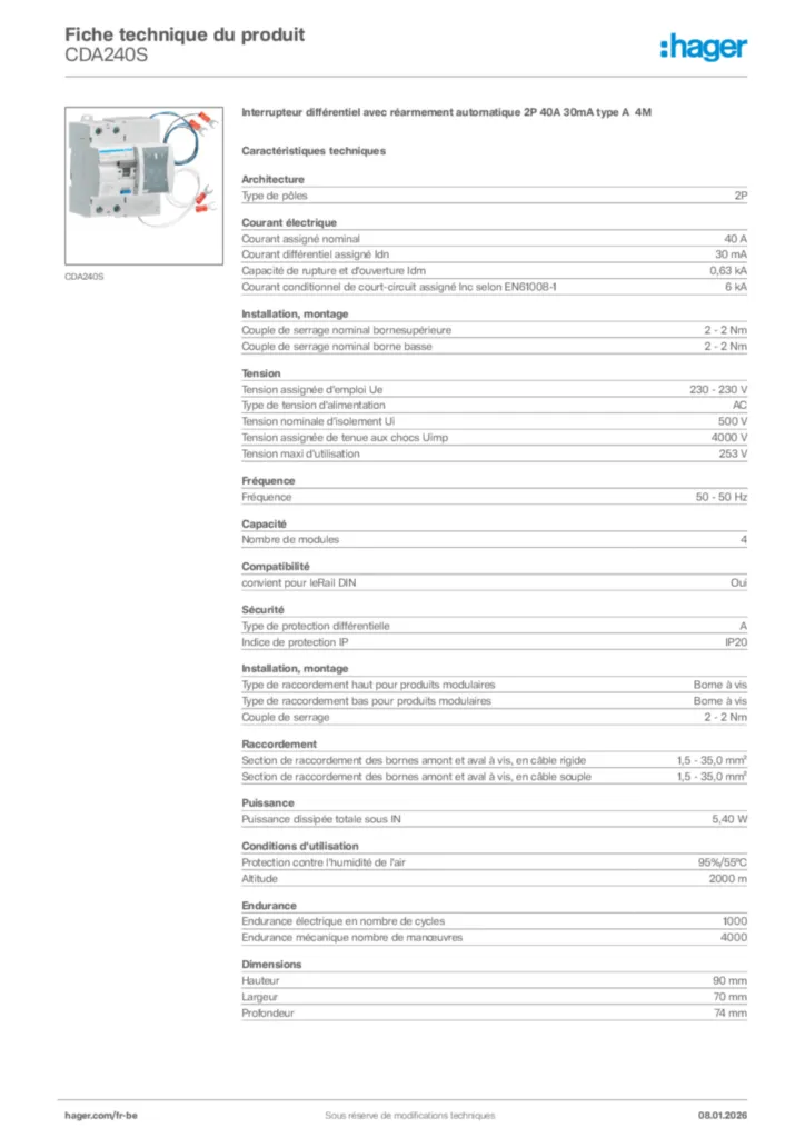 Image Hager Fiche technique du produit CDA240S | Hager Belgique