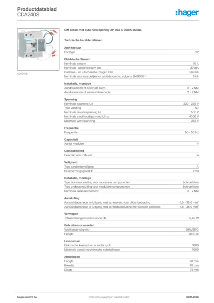 Afbeelding Hager Productdatablad CDA240S | Hager Belgium