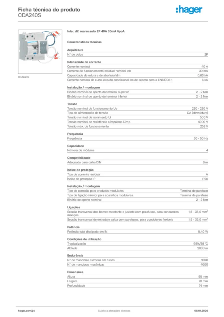 Imagem Hager Ficha técnica do produto CDA240S | Hager Portugal