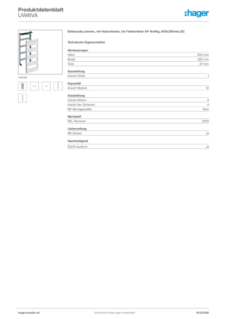 Bild Hager Produktdatenblatt UW41VA | Hager Schweiz