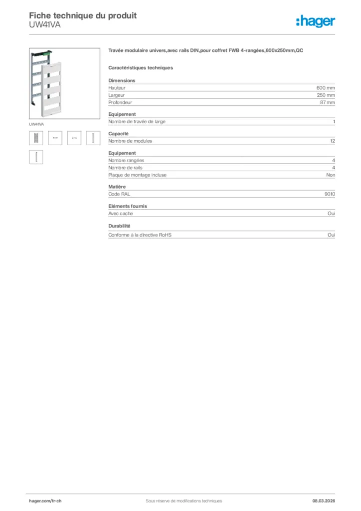 Image Hager Fiche technique du produit UW41VA | Hager Suisse