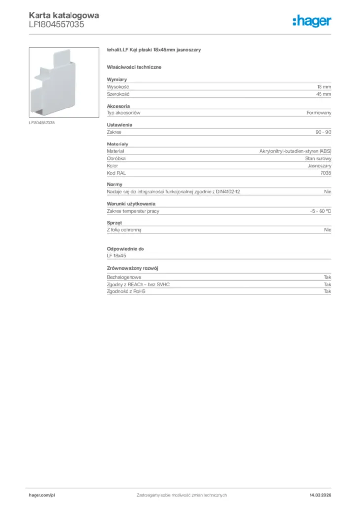 Zdjęcie Hager Karta katalogowa LF1804557035 | Hager Polska