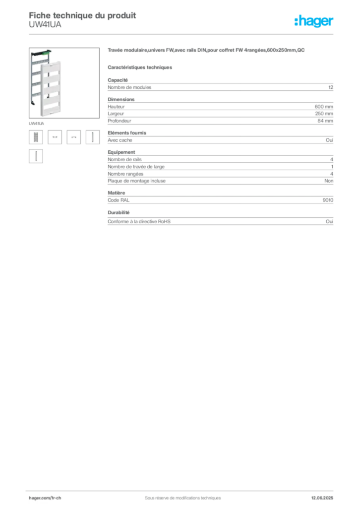 Image Hager Fiche technique du produit UW41UA | Hager Suisse