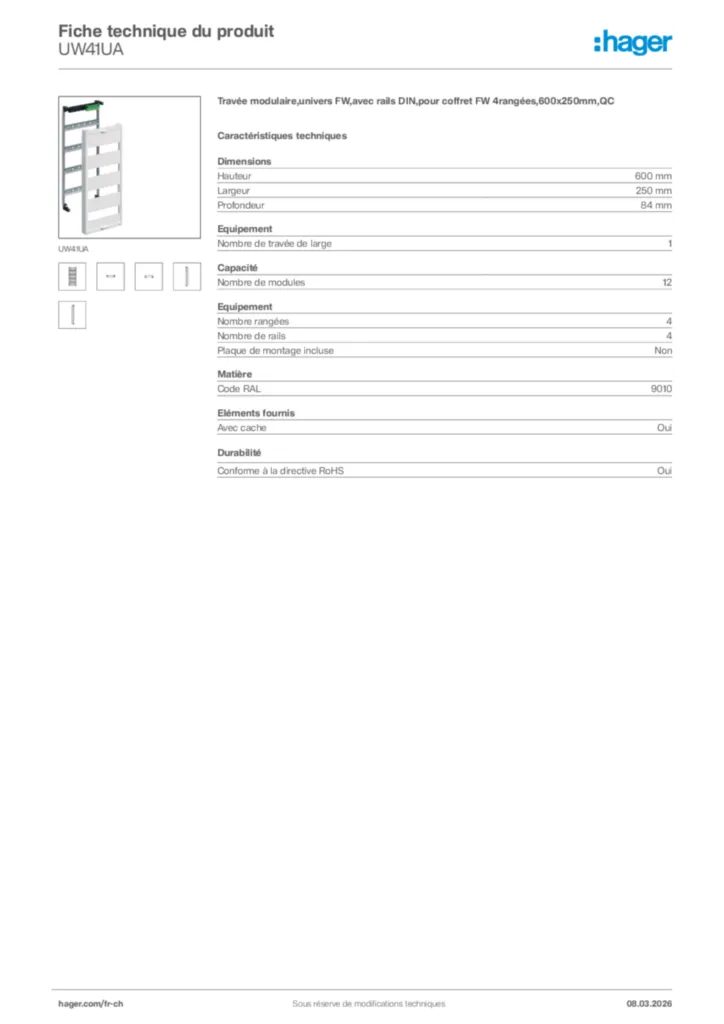 Image Hager Fiche technique du produit UW41UA | Hager Suisse