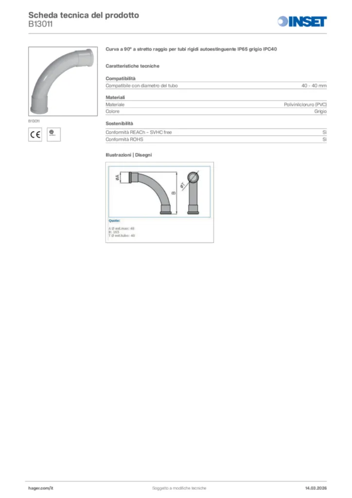 Immagine Inset Scheda tecnica del prodotto B13011 | Hager Italia