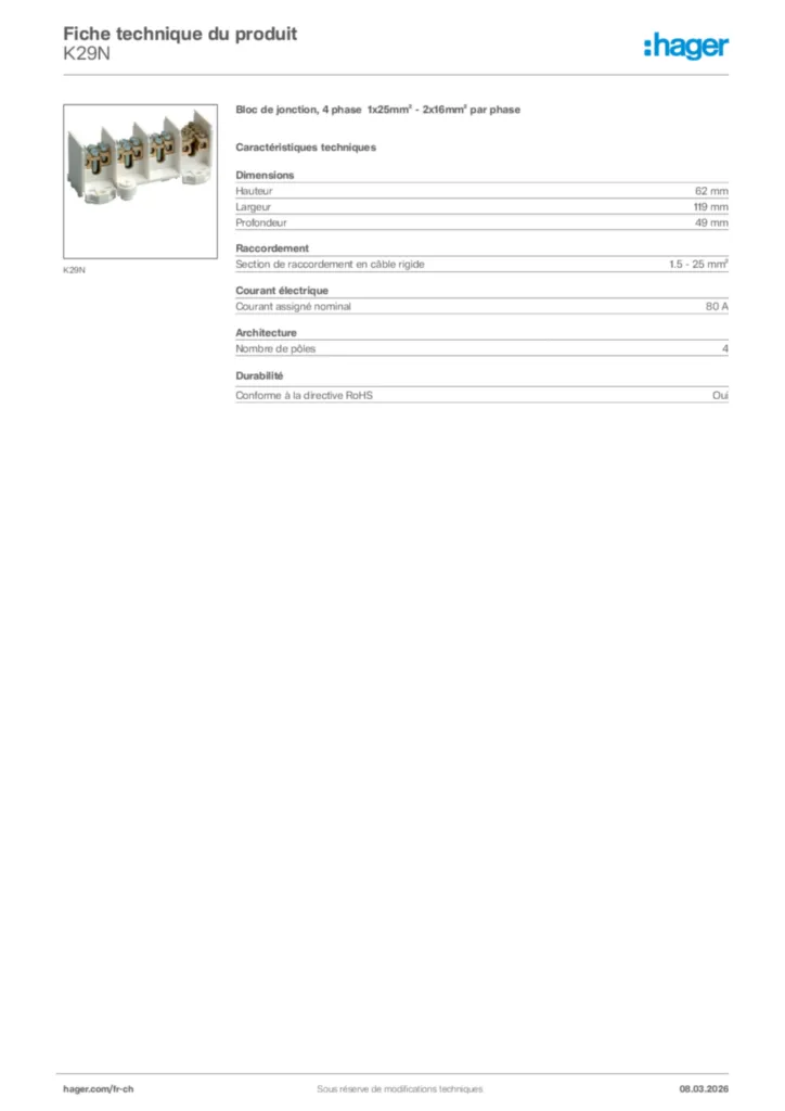 Image Hager Fiche technique du produit K29N | Hager Suisse