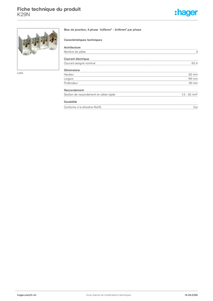 Image Hager Fiche technique du produit K29N | Hager Suisse