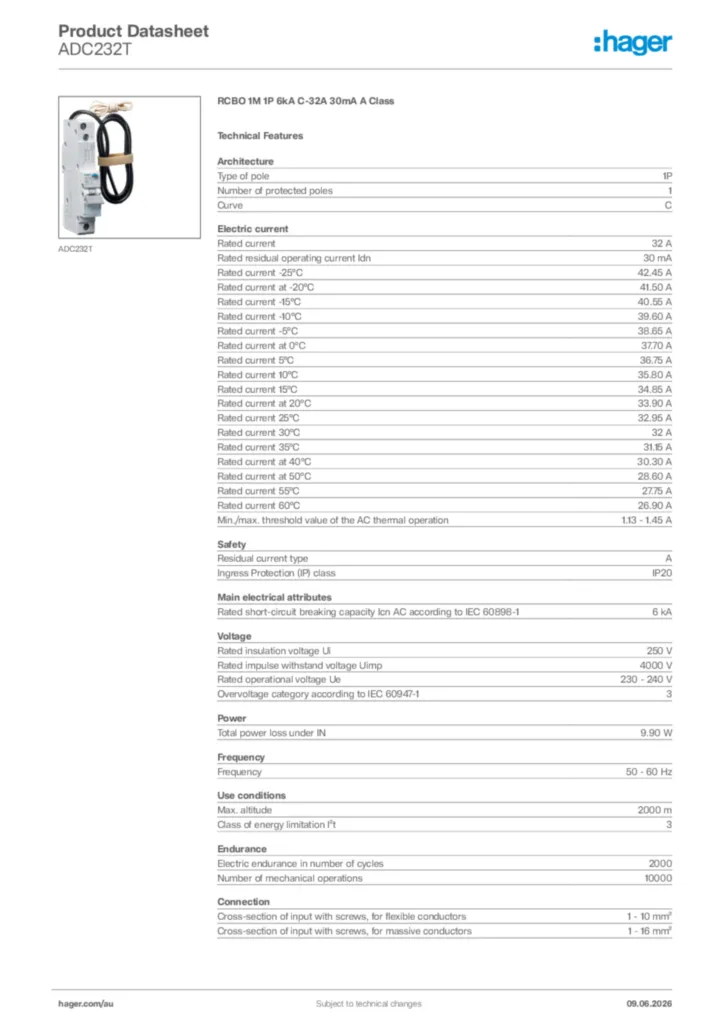 Image Hager Product data sheet ADC232T  | Hager Australia