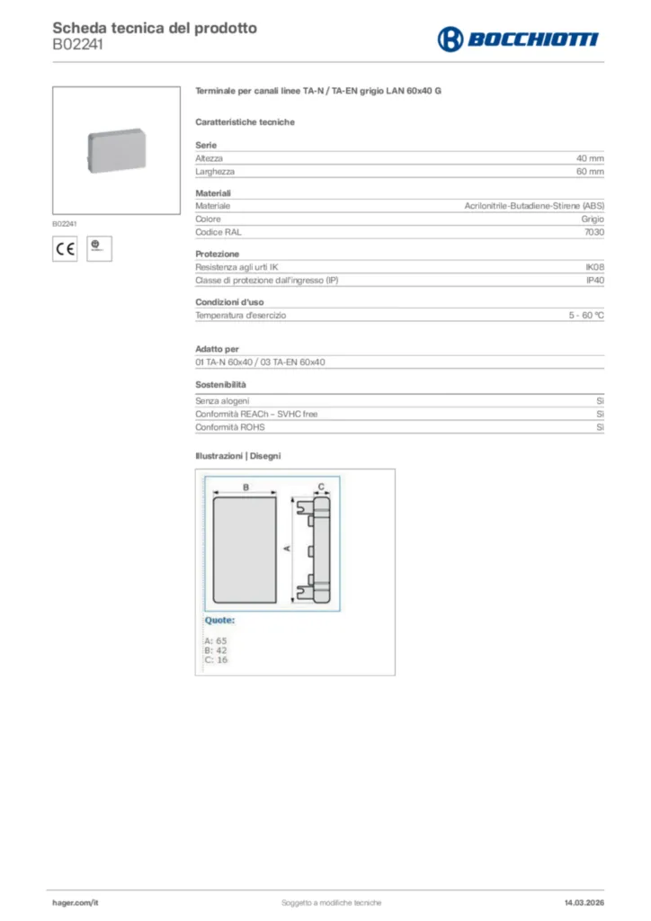 Immagine Bocchiotti Scheda tecnica del prodotto B02241 | Hager Italia