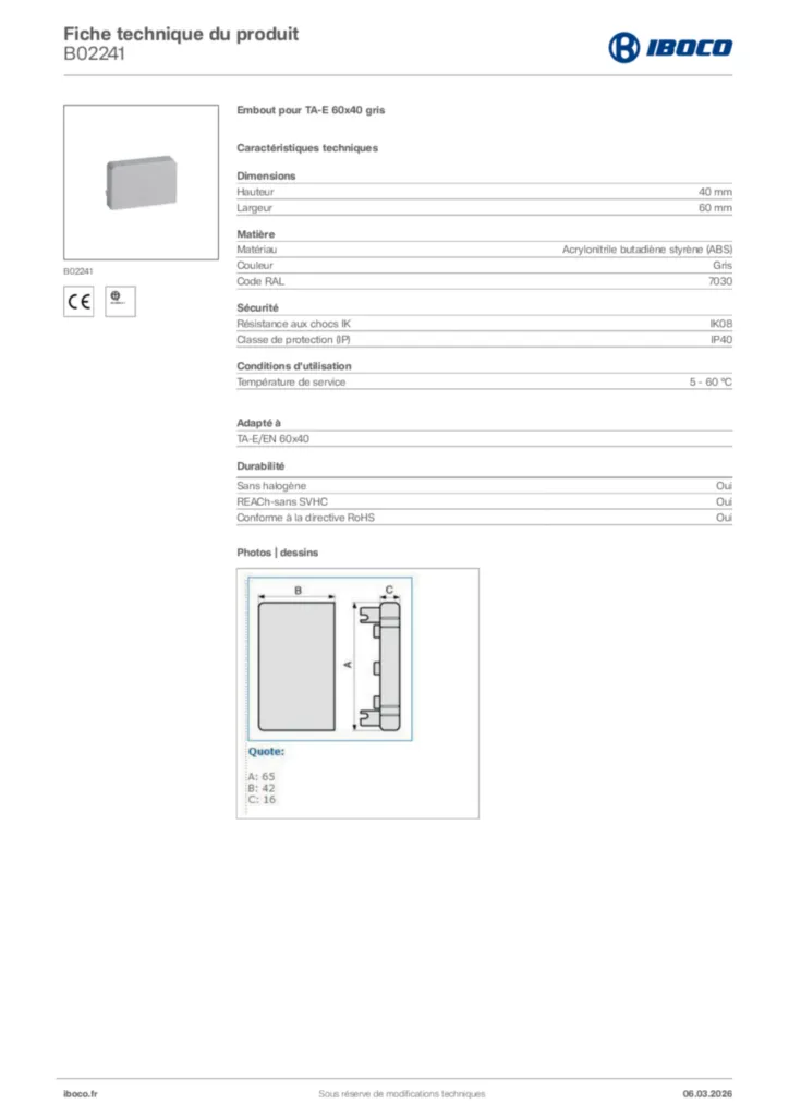 Image Iboco Fiche technique du produit B02241 | Hager France