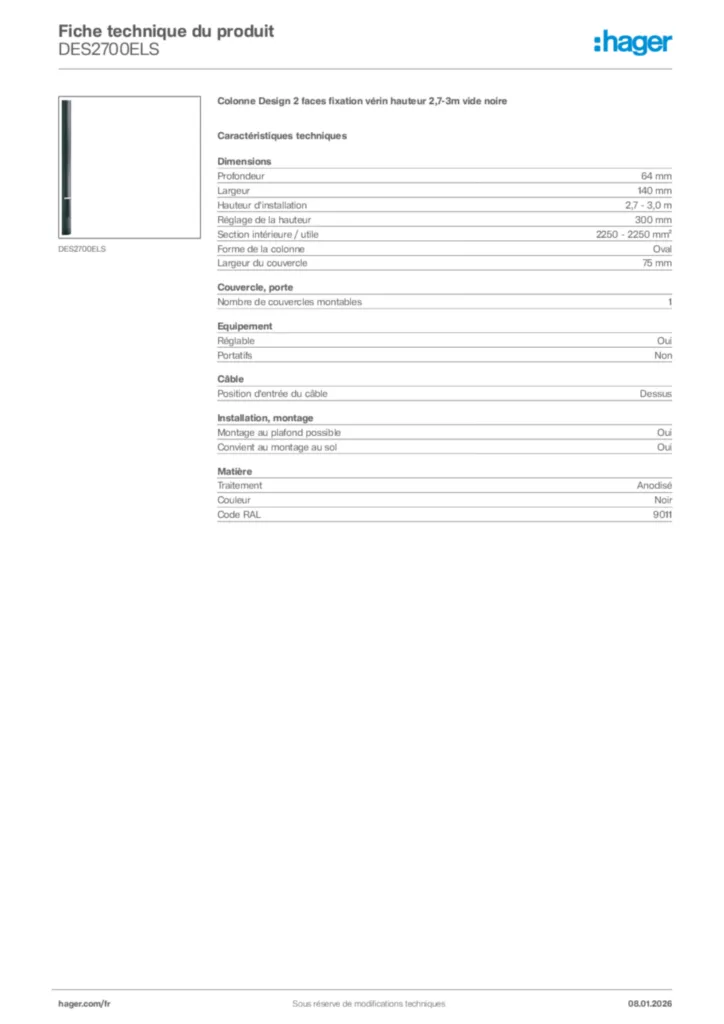 Image Hager Fiche technique du produit DES2700ELS | Hager France