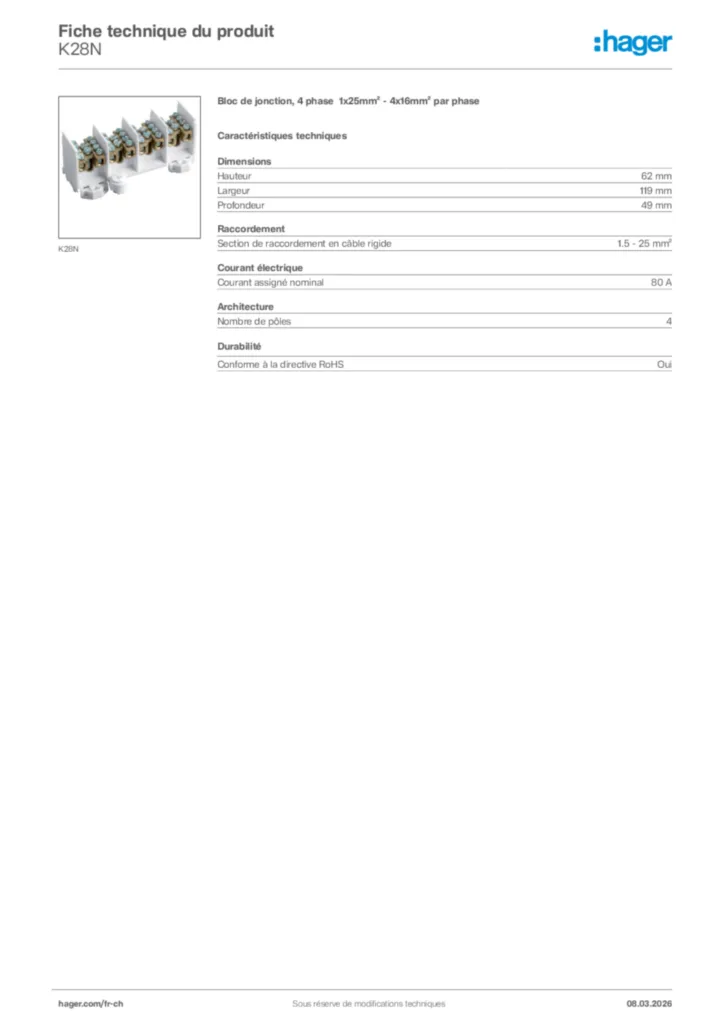 Image Hager Fiche technique du produit K28N | Hager Suisse