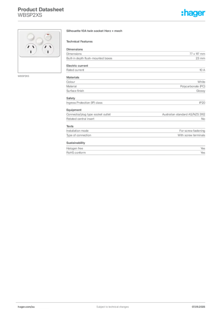 Image Hager Product data sheet WBSP2XS  | Hager Australia