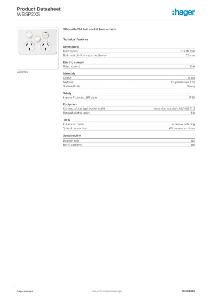 Image Hager Product data sheet WBSP2XS  | Hager Australia