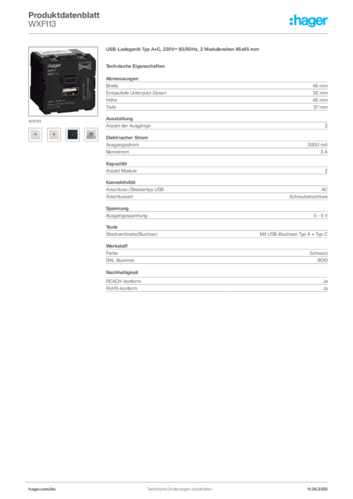Bild Hager Produktdatenblatt WXF113 | Hager Deutschland