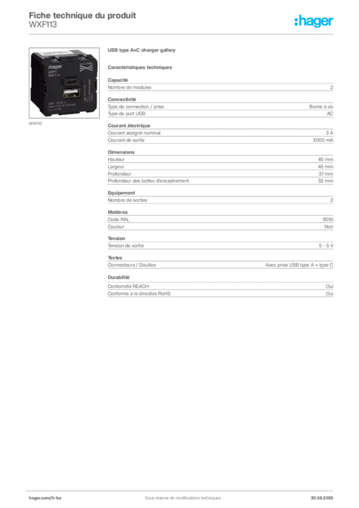Image Hager Fiche technique du produit WXF113 | Hager Belgique