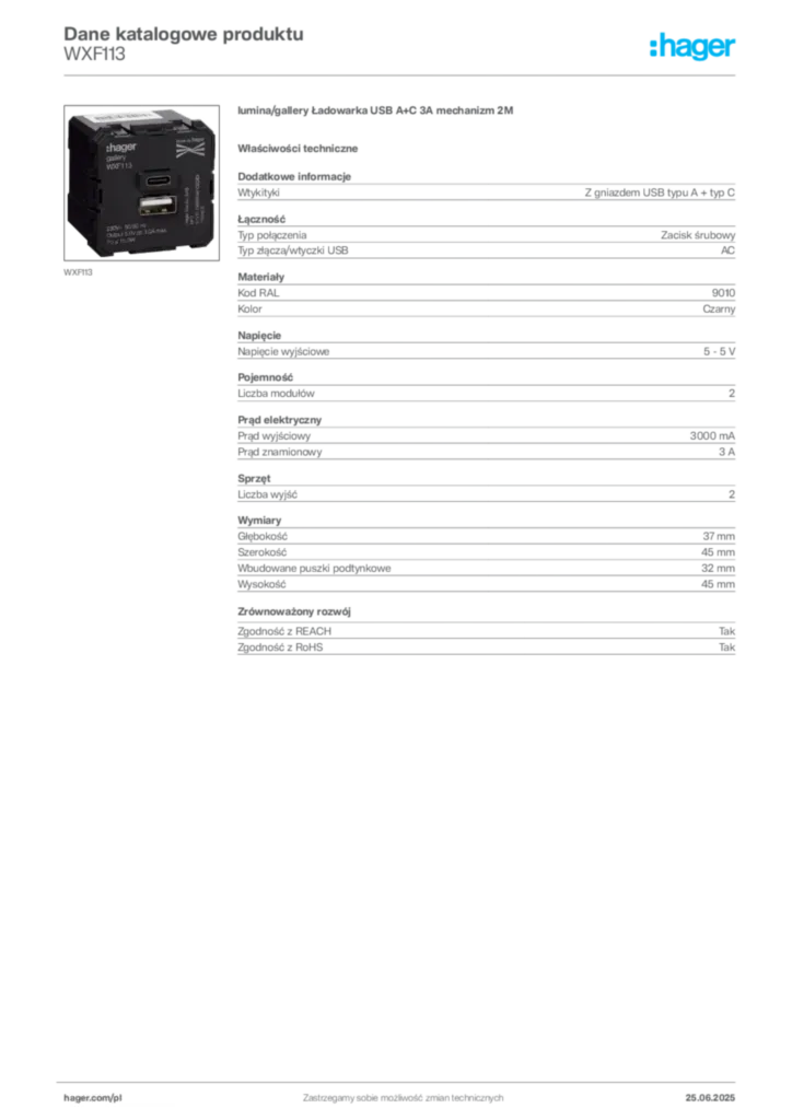 Zdjęcie Hager Karta katalogowa WXF113 | Hager Polska