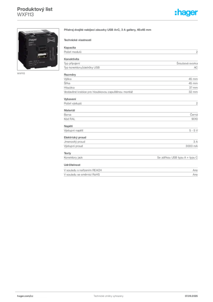 Obrázek Hager Produktový list WXF113 | Hager