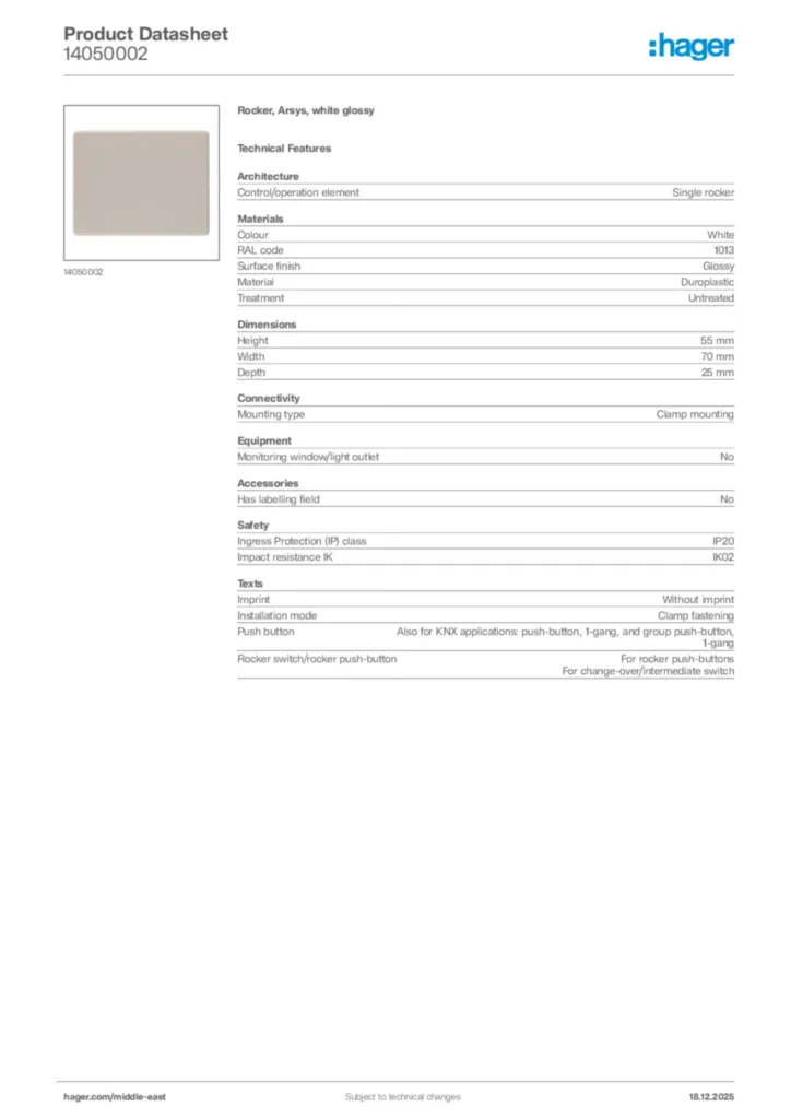 Image Hager Product data sheet 14050002  | Hager