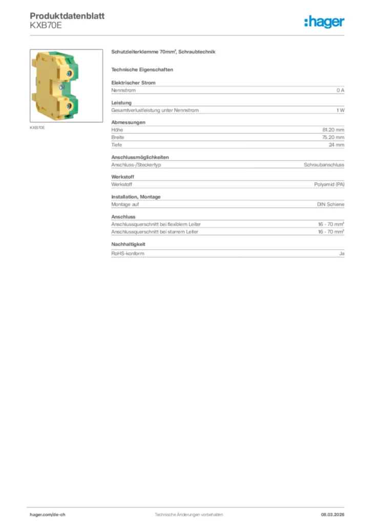 Bild Hager Produktdatenblatt KXB70E | Hager Schweiz