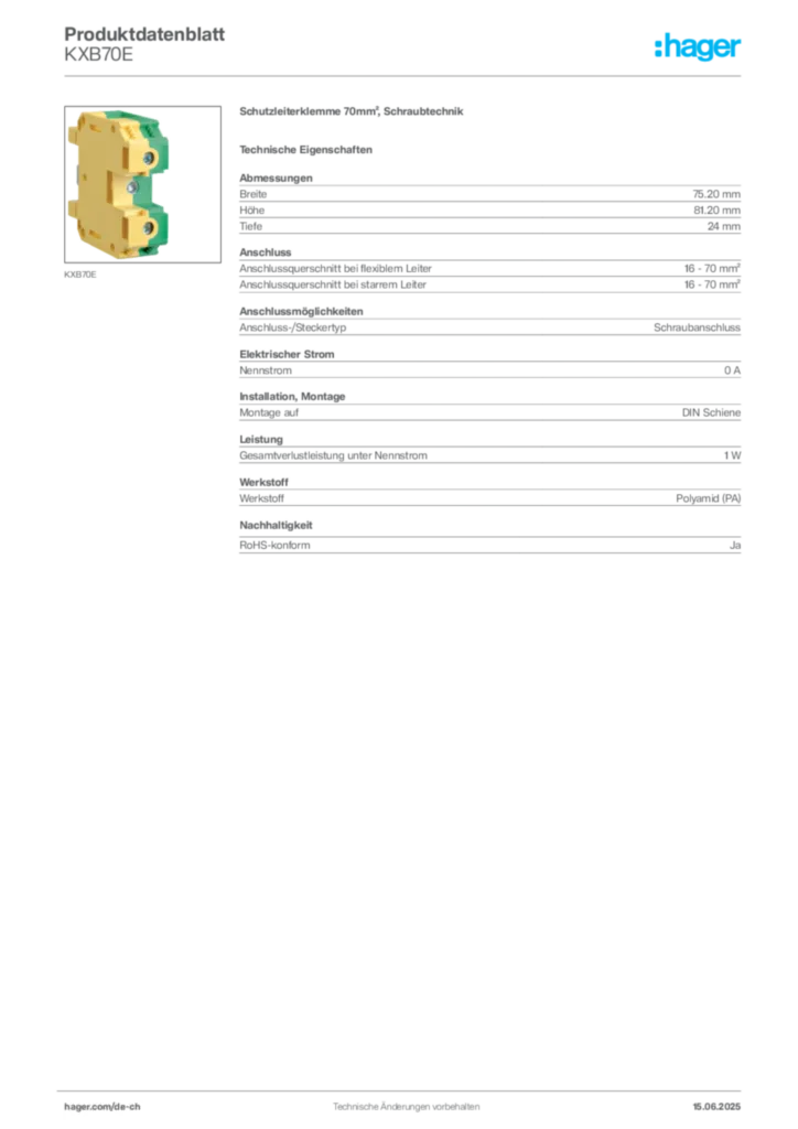 Bild Hager Produktdatenblatt KXB70E | Hager Schweiz