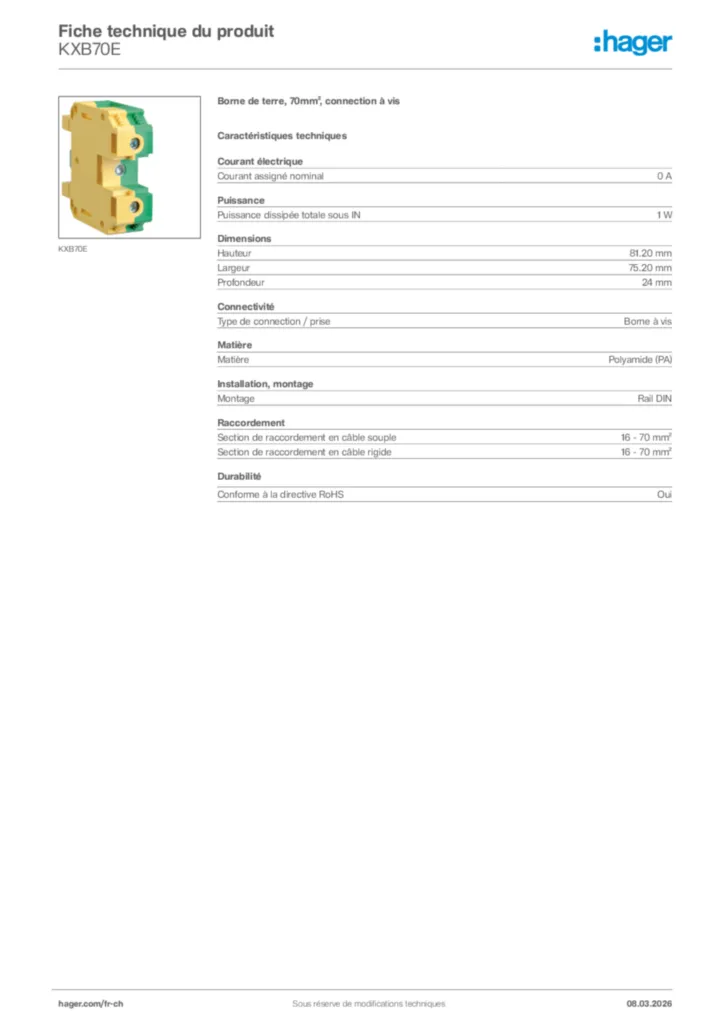 Image Hager Fiche technique du produit KXB70E | Hager Suisse