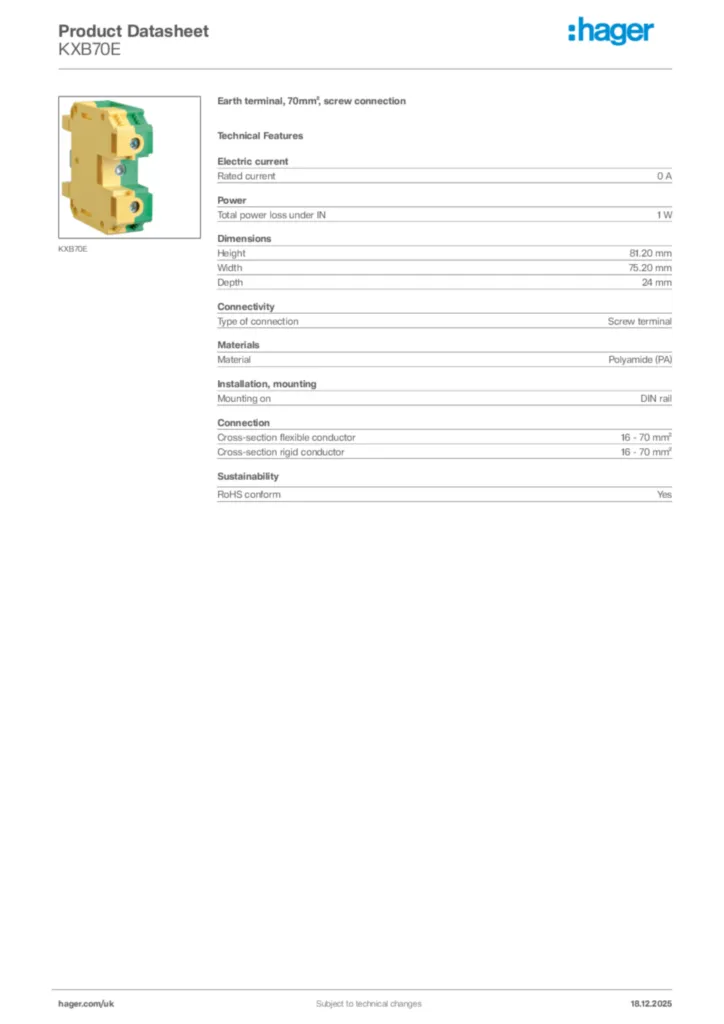 Image Hager Product data sheet KXB70E  | Hager