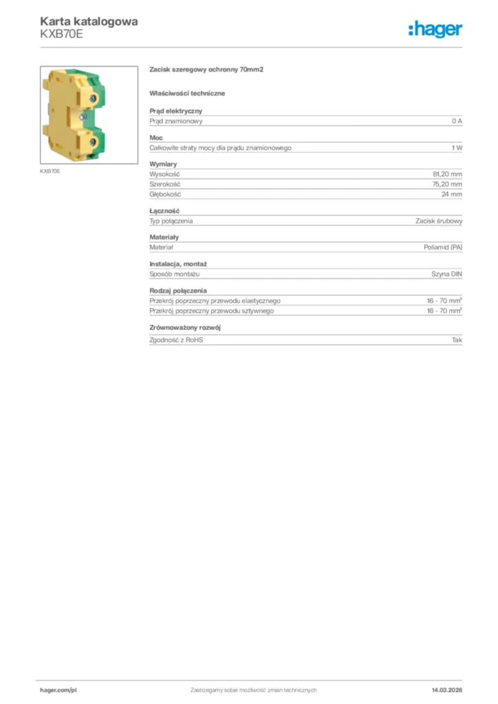 Zdjęcie Hager Karta katalogowa KXB70E | Hager Polska