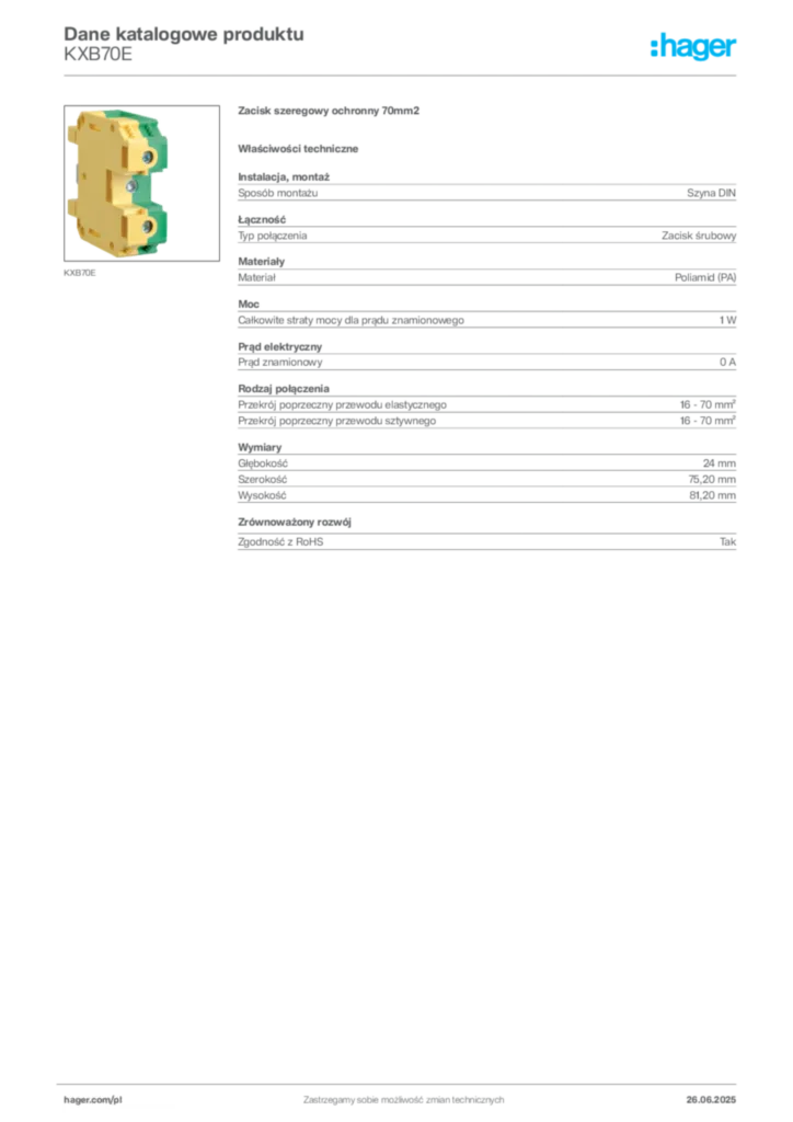 Zdjęcie Hager Karta katalogowa KXB70E | Hager Polska