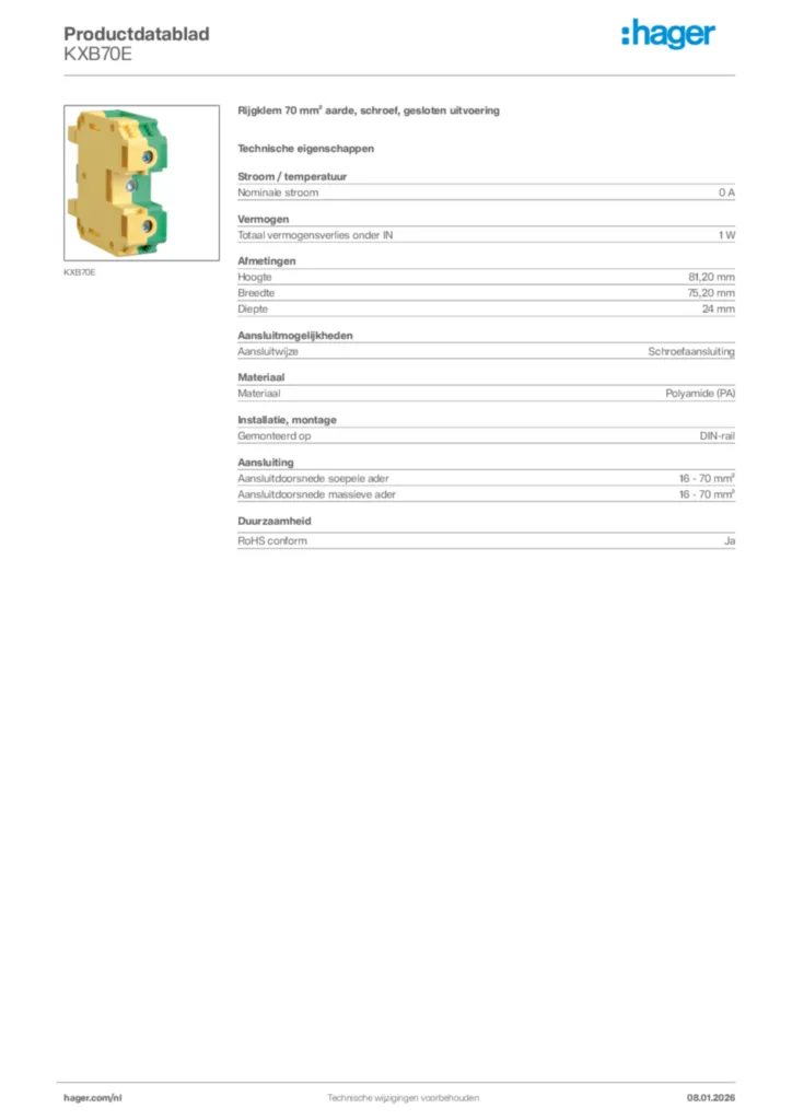 Afbeelding Hager Productdatablad KXB70E | Hager Nederland