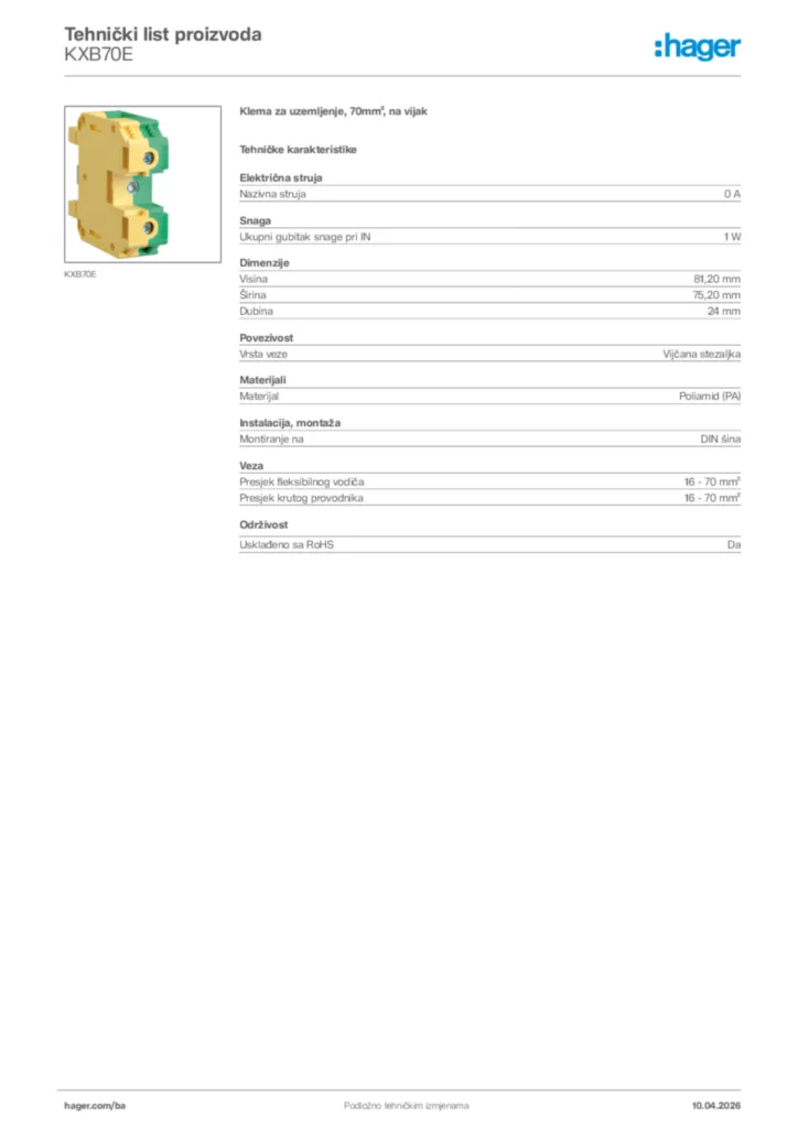 Slika Hager Tehnički list proizvoda KXB70E  | Hager