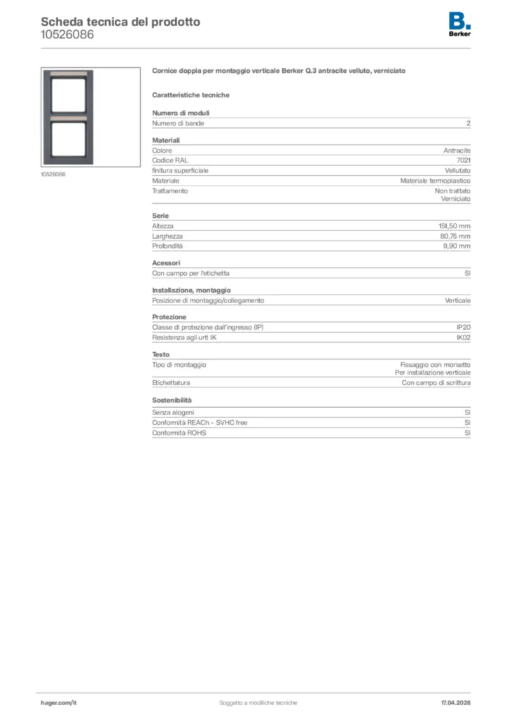 Immagine Berker Scheda tecnica del prodotto 10526086 | Hager Italia