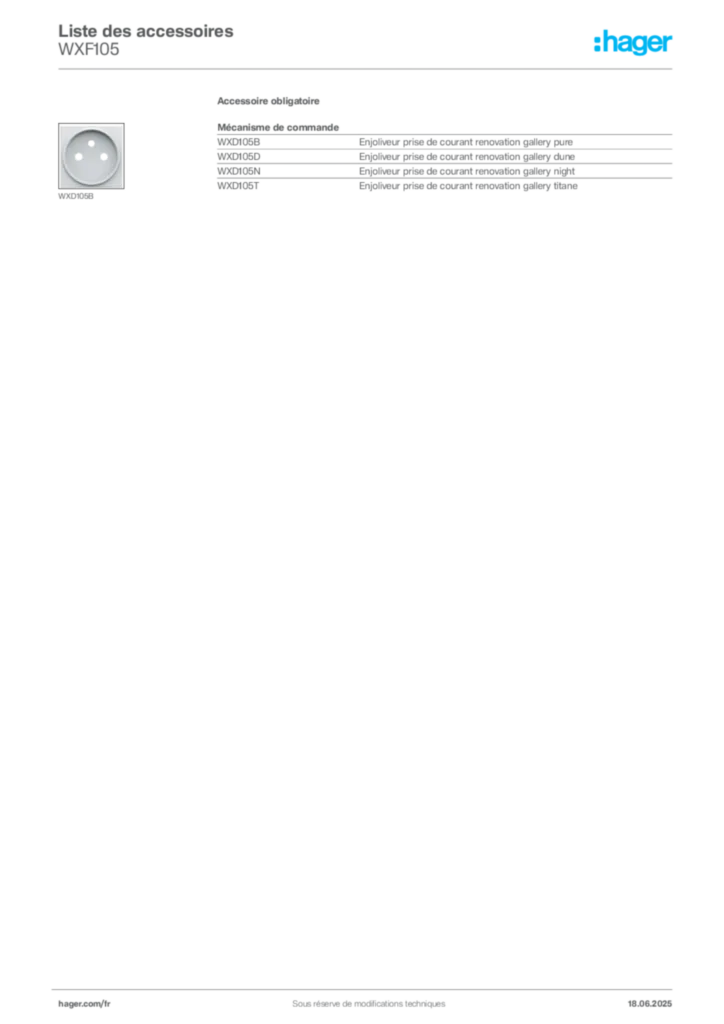 Image Hager Fiche technique du produit WXF105 | Hager France