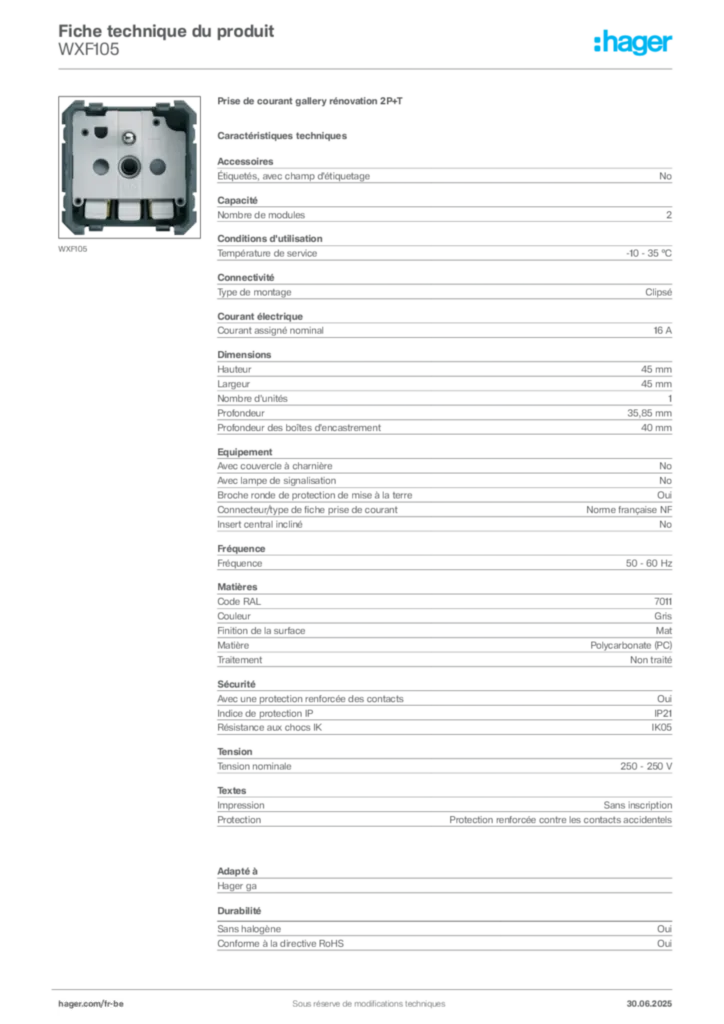 Image Hager Fiche technique du produit WXF105 | Hager Belgique