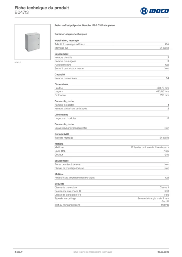 Image Iboco Fiche technique du produit B04713 | Hager France