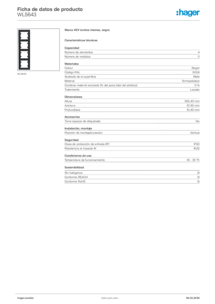 Imagen Hager Ficha de datos de producto WL5643 | Hager España