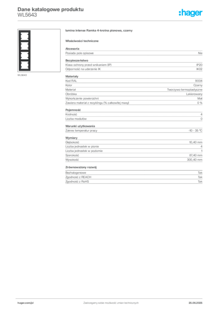 Zdjęcie Hager Karta katalogowa WL5643 | Hager Polska