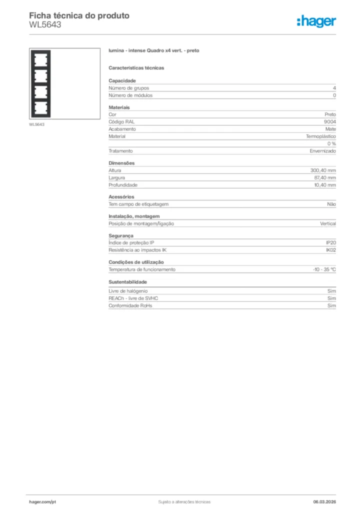 Imagem Hager Ficha técnica do produto WL5643 | Hager Portugal