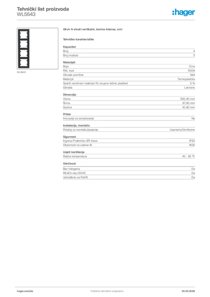 Slika Hager Tehnički list proizvoda WL5643  | Hager