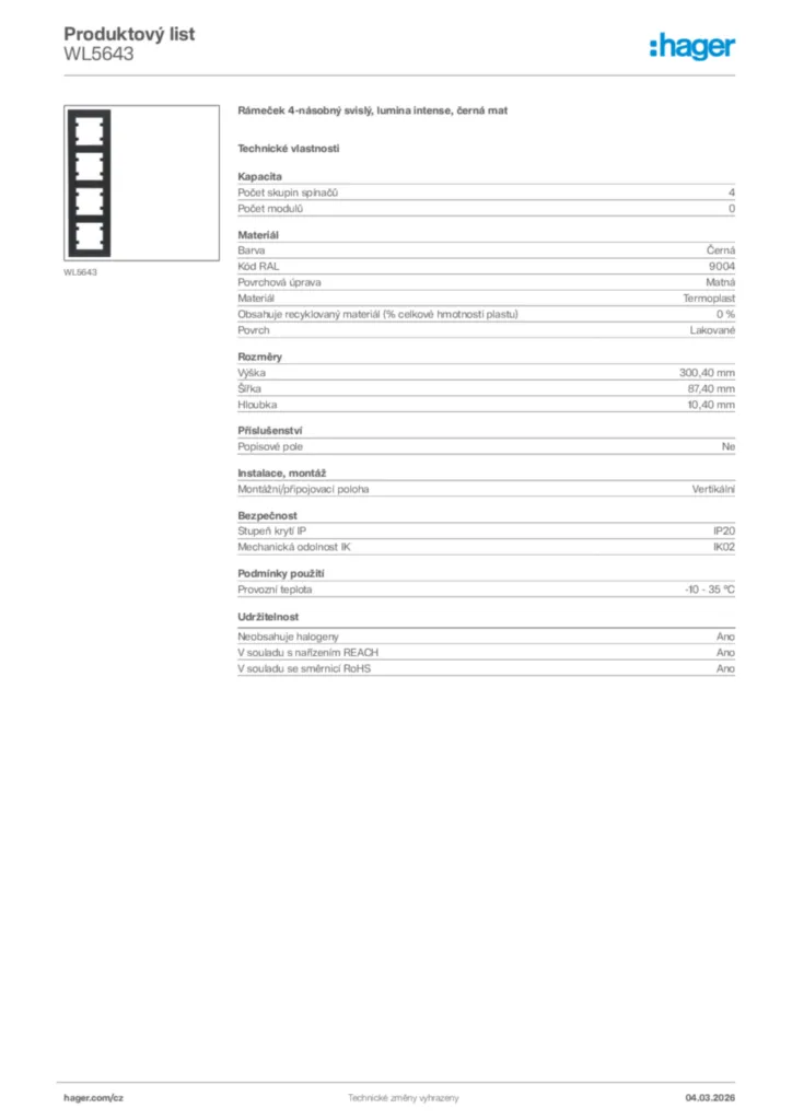 Obrázek Hager Product data sheet WL5643 | Hager