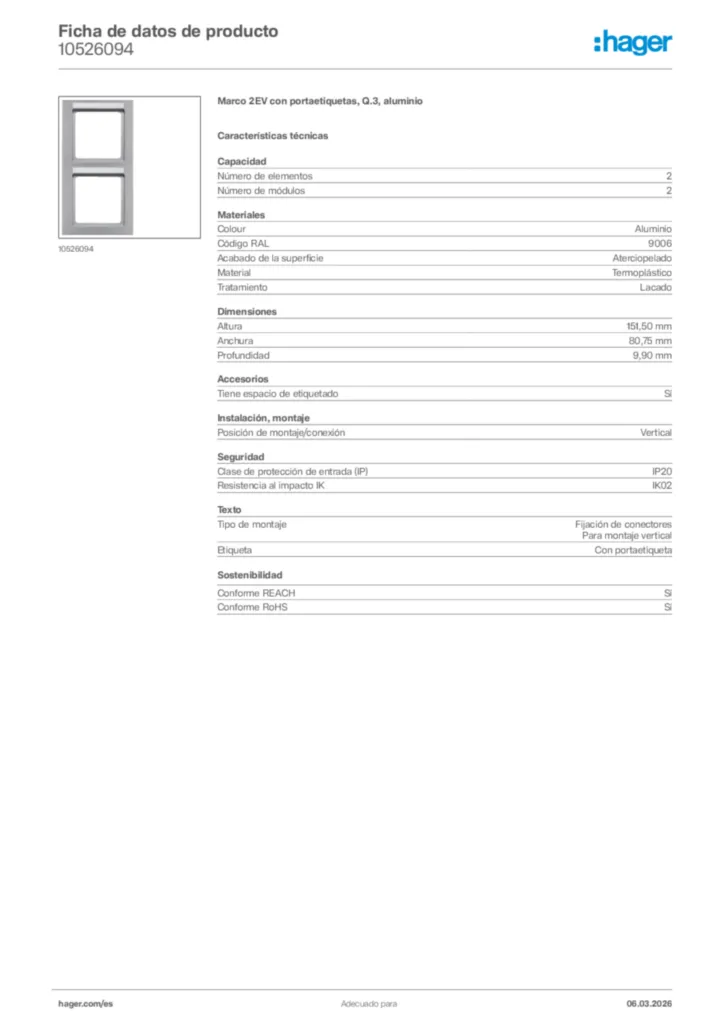 Imagen Hager Ficha de datos de producto 10526094 | Hager España