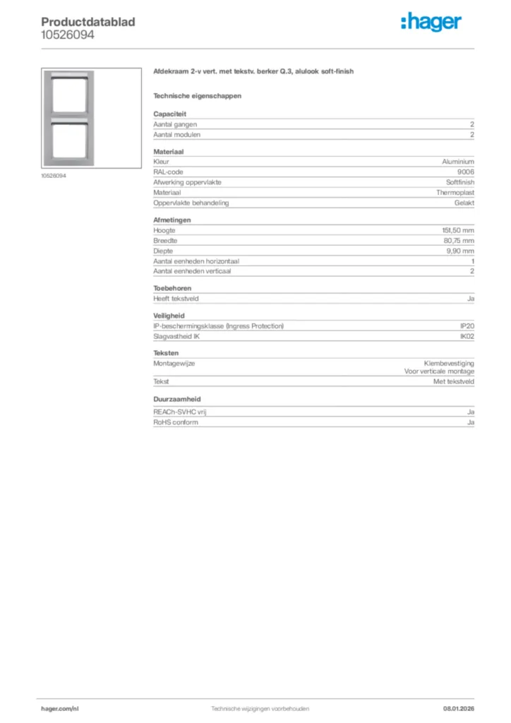Afbeelding Hager Productdatablad 10526094 | Hager Nederland