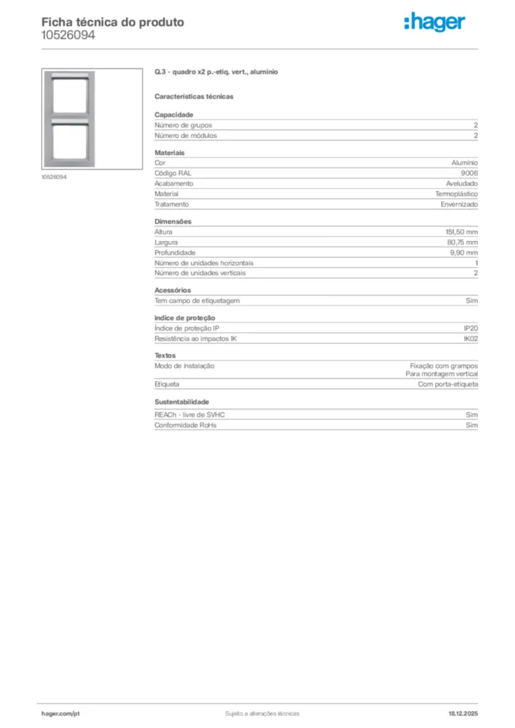 Imagem Hager Ficha técnica do produto 10526094 | Hager Portugal