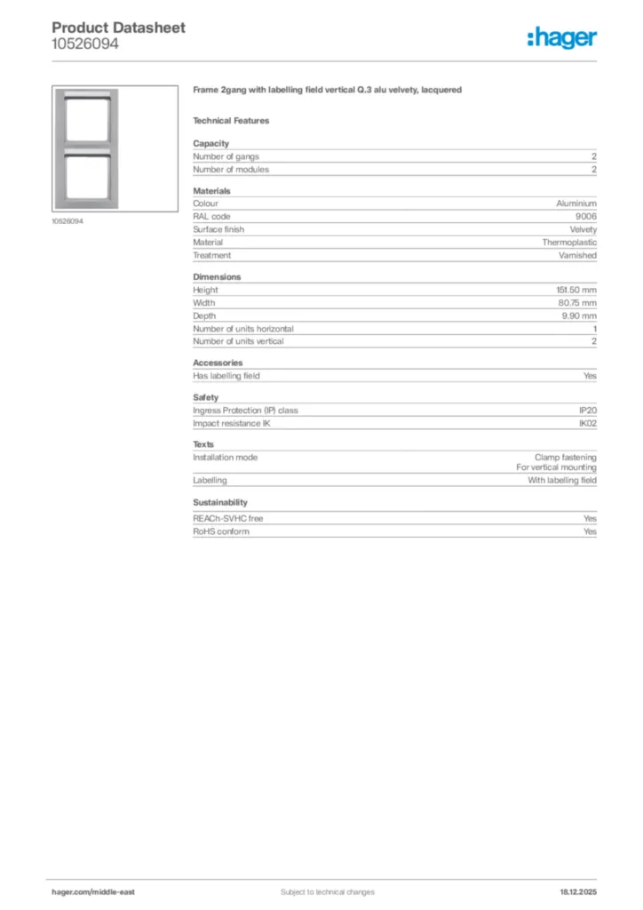 Image Hager Product data sheet 10526094  | Hager