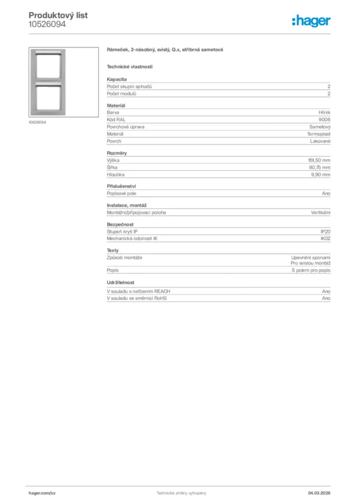 Obrázek Hager Product data sheet 10526094 | Hager