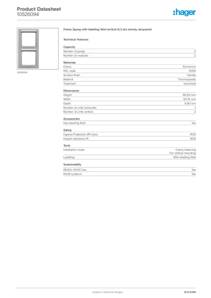 Image Hager Product data sheet 10526094  | Hager