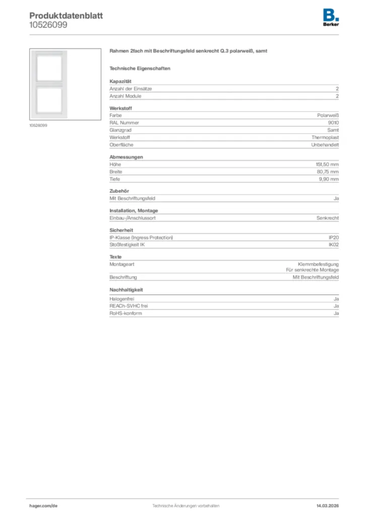 Bild Berker Produktdatenblatt 10526099 | Hager Deutschland