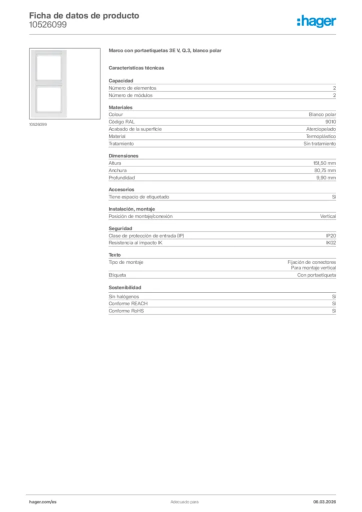 Imagen Hager Ficha de datos de producto 10526099 | Hager España