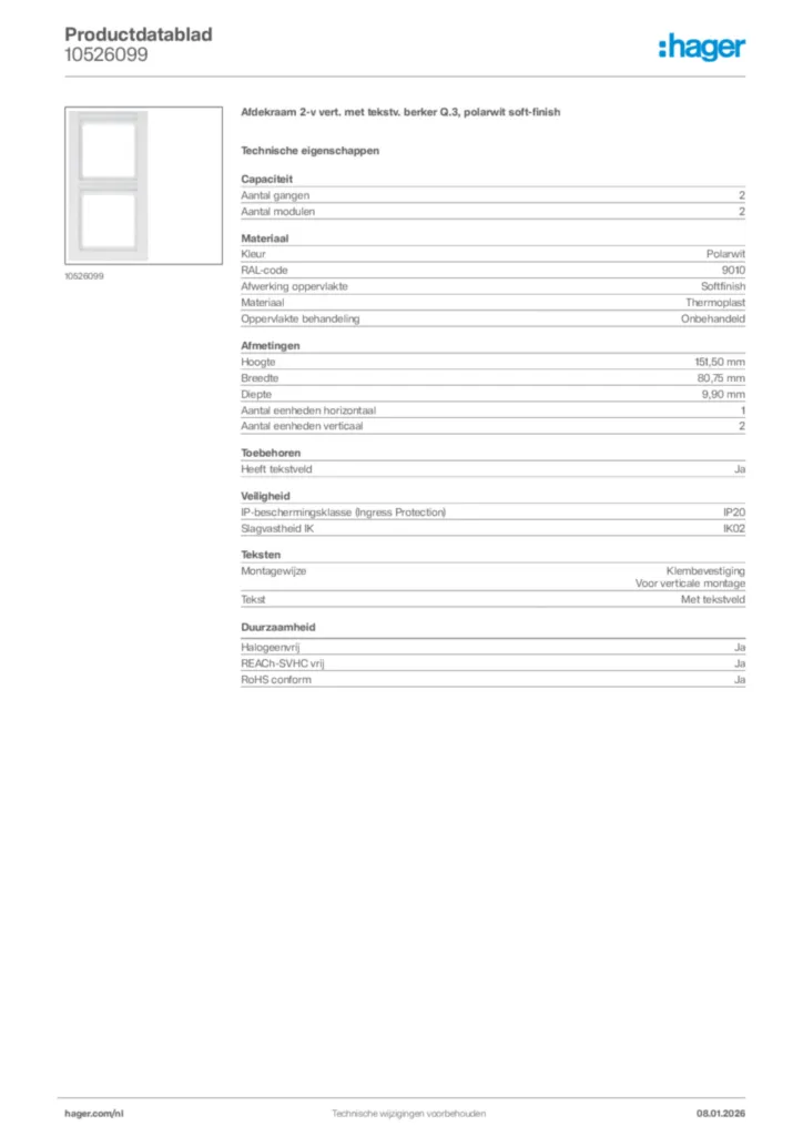 Afbeelding Hager Productdatablad 10526099 | Hager Nederland