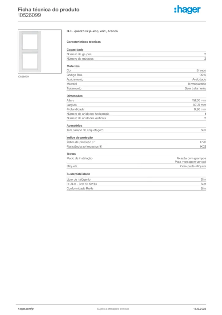 Imagem Hager Ficha técnica do produto 10526099 | Hager Portugal